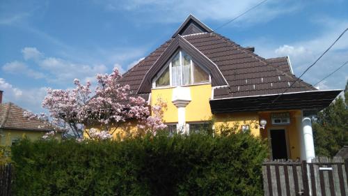 a yellow house with a brown roof at Júlia Vendégház in Sárospatak