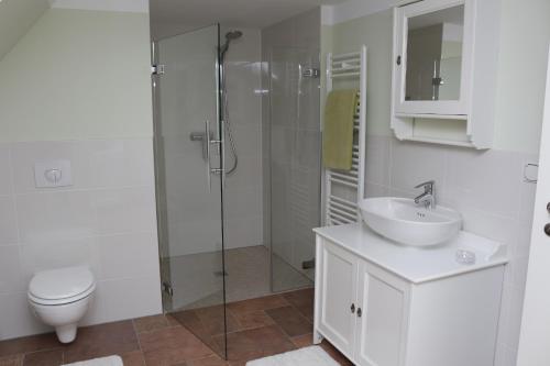 クヴェードリンブルクにあるApartment Oranaのバスルーム(シャワー、トイレ、シンク付)
