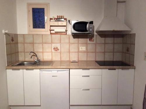 une petite cuisine avec un évier et un micro-ondes dans l'établissement Rez de Villa Vue Mer Panoramique, à Furiani