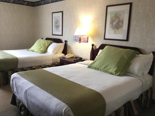 a hotel room with two beds with green sheets at Americas Best Value Inn and Suites Saint Charles in St. Charles