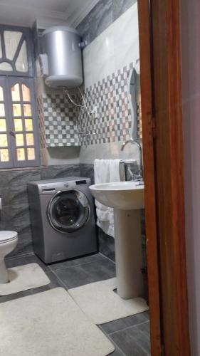 a bathroom with a washing machine and a sink at Khayatz Apartment in Cairo