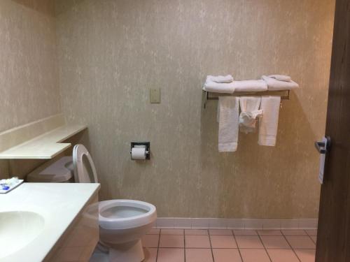 a bathroom with a toilet and a sink and towels at Americas Best Value Inn and Suites Saint Charles in St. Charles