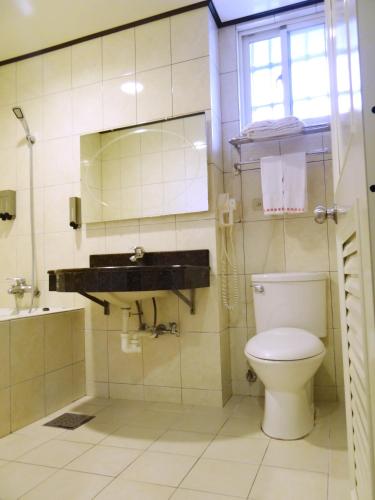a bathroom with a toilet and a sink and a mirror at Wuzhou Hotel in Hualien City