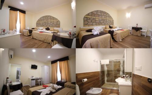 two pictures of a hotel room with two beds and a bathroom at Freedom Love B&B in Rome