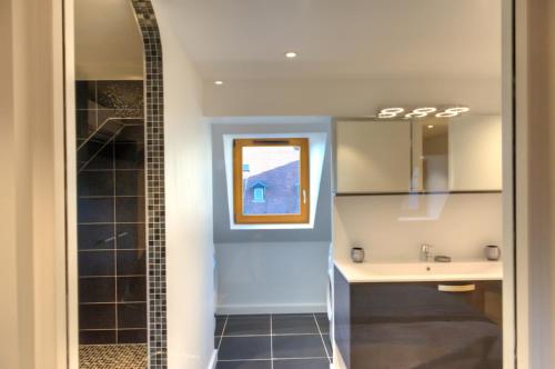 y baño con lavabo y espejo. en Appartements Le Dome - Quartier Cathédrale en Estrasburgo