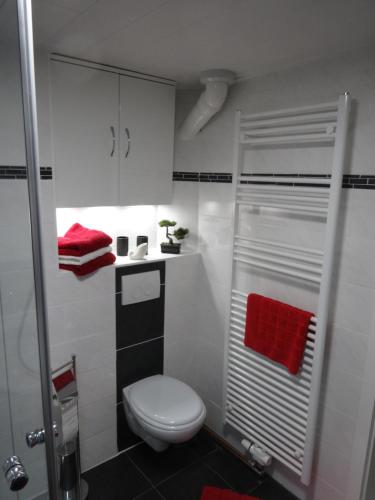 a white bathroom with a toilet and red towels at Ferienwohnung Spier in Ottenstein