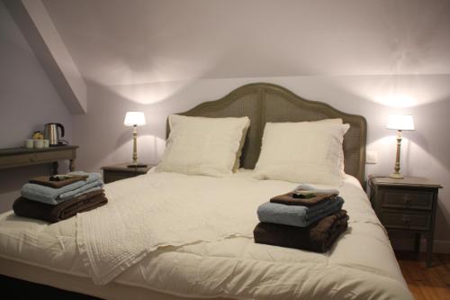 a bedroom with a white bed with two lamps at Ferme de Canny in Canny-sur-Matz