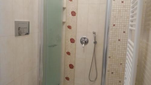 a bathroom with a shower with red flowers on the wall at Daphnae House in Palma di Montechiaro