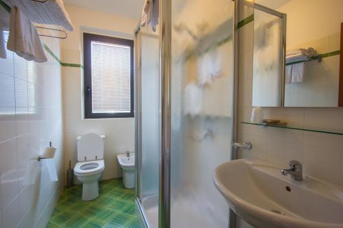 uma casa de banho com um WC, um lavatório e um chuveiro em Antica Pieve em Filattiera