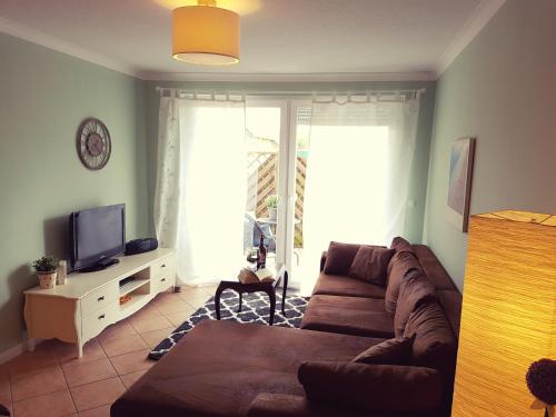 ein Wohnzimmer mit einem braunen Sofa und einem TV in der Unterkunft Ferienwohnung Hugo in Zempin