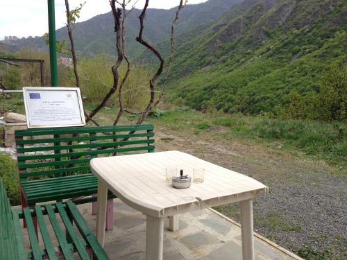 a table and two green benches with a view of a mountain at IRIS B&B in DEBED CANYON in Alaverdi