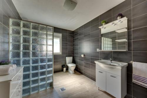 a bathroom with a sink and a toilet and a mirror at Yokana Villa & Pool in Virpazar