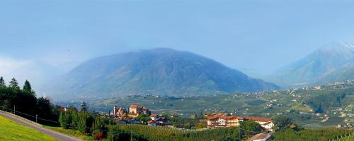 a town on a hill with a mountain in the background at Pension Grafenau in Schenna