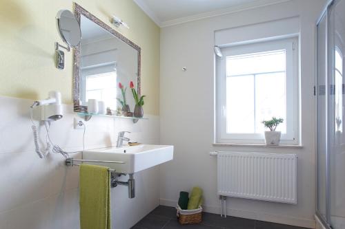 a bathroom with a sink and a mirror at Pension Kalinde in Weinböhla