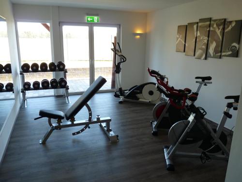 a gym with two treadmills and exercise bikes at Spreewaldhof Romantik - Hotel Garni in Neu Zauche