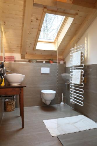 a bathroom with a toilet and a sink and a skylight at Bio & Vegi Pension Krennleiten in Schönau am Königssee