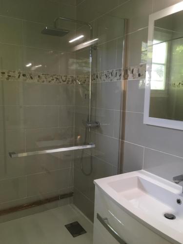 ein Badezimmer mit Glasdusche und Waschbecken in der Unterkunft Villa Pagnol in Andernos-les-Bains