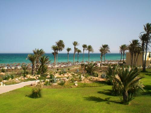 a view of a beach with palm trees and the ocean at Zephir Hôtel & Spa in Zarzis