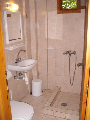 ein Badezimmer mit Waschbecken, Toilette und Dusche in der Unterkunft Pension Nikolas in Skiathos-Stadt