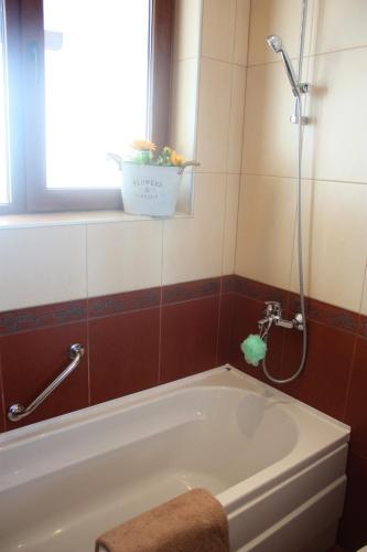 a bath tub in a bathroom with a window and a plant at White Coast Beach Apartments in Kavarna