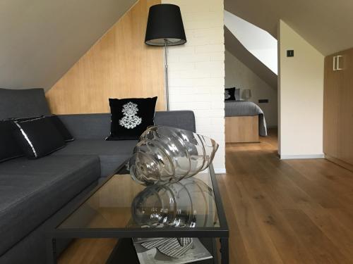 a living room with a couch and a glass table at Vila Mia Valtice in Valtice