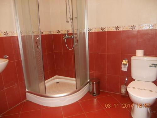 a bathroom with a shower and a toilet at Family Hotel Helios in Sevlievo