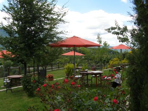 a garden with tables and red umbrellas and flowers at B&B Le Grazie in Piaggine