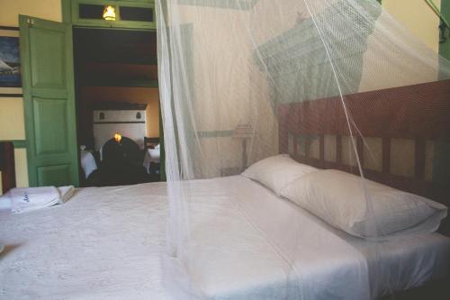 a bedroom with a bed with a mosquito net at Karnayo in Meyisti