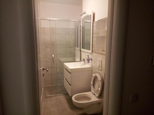 a white bathroom with a toilet and a sink at Lexy's Apartment in Braşov