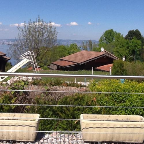 a view of a garden with a house in the background at Le bois ramé in Neuvecelle