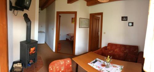 a living room with a wood stove and a couch at Apartmány Furgalak in Liptovská Sielnica