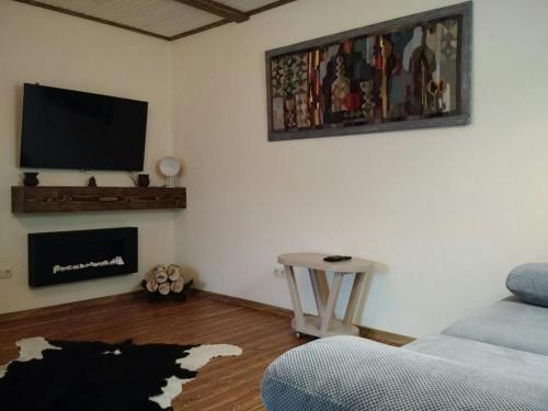 a living room with a couch and a tv on the wall at Country House Kosiv in Kosiv