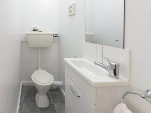 a white bathroom with a toilet and a sink at Cosy Cottage Thermal Holiday Park in Rotorua