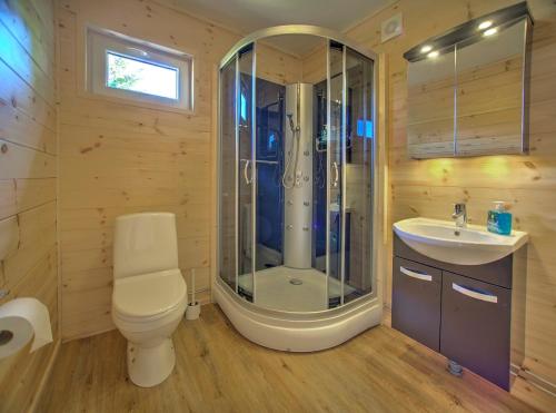 uma casa de banho com um chuveiro, um WC e um lavatório. em Hamgården Nature Resort Tiveden em Tived