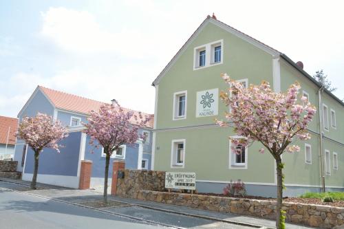 a building with flowering trees in front of a street at Pension Kalinde in Weinböhla