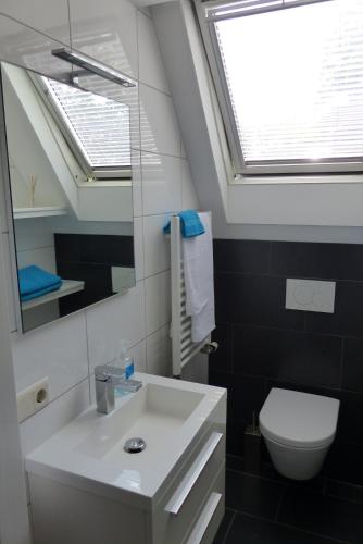 a bathroom with a sink and a toilet and a window at B&B Onder de rode beuk in Dieren