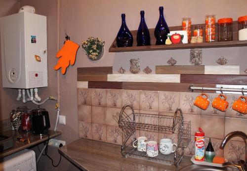 una cocina con fregadero y estanterías con tazas en Old castle Apartment, en Tiflis