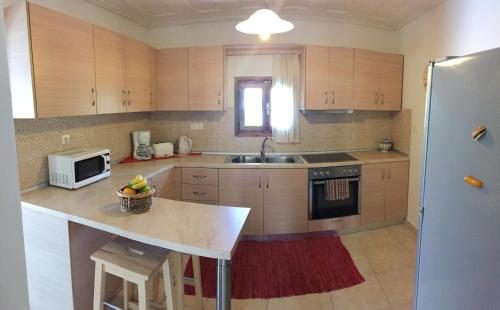 a kitchen with wooden cabinets and a sink and a microwave at Summer Knights in Rhodes Town