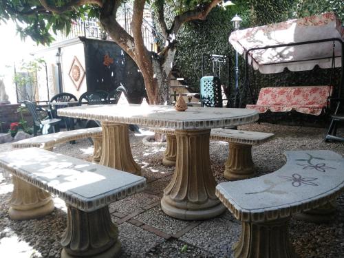 a row of benches in front of a tree at Giardino Del Sole in Taormina