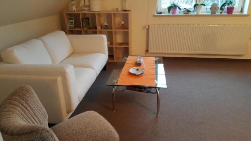 a living room with a couch and a coffee table at Ferienwohnungen An der Ostsee in Wittenbeck