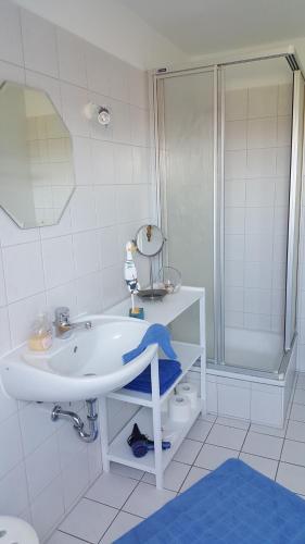 a bathroom with a white sink and a shower at Ferienwohnungen An der Ostsee in Wittenbeck
