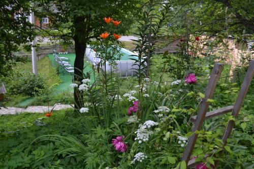 a garden with flowers and a wooden fence at Hovanka in Yaremche