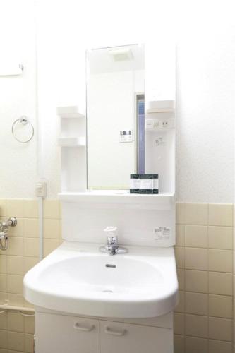 a bathroom with a white sink and a mirror at Shin Okubo Sekitei in Tokyo