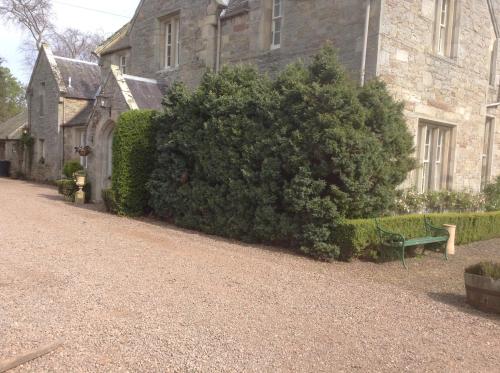 a green bench in front of a house with a large bush at Hundalee House in Jedburgh