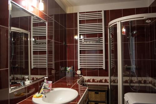 un baño con lavabo y ducha en Fiesa-Piran beach house with free parking, en Piran