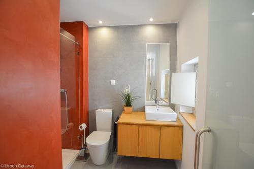 uma casa de banho com um WC, um lavatório e um espelho. em Lisbon Getaway - Santo Estevao em Lisboa