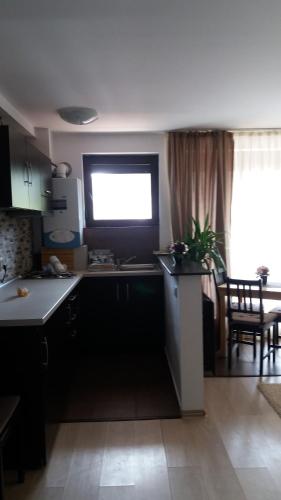 eine Küche mit einer Theke, einem Fenster und einem Tisch in der Unterkunft Snow Residence Azuga in Azuga