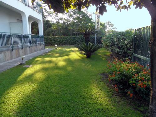 a yard with green grass and a fence and flowers at Villa Comics in Villammare