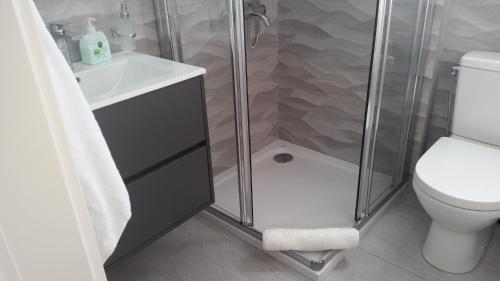 a bathroom with a shower and a toilet and a sink at Periyiali Beach Sunset Suite A7 in Pervolia