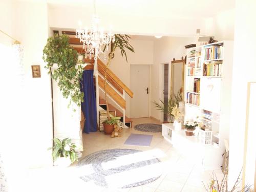 a living room with plants and a staircase at Penzión Belvia in Nová Lesná